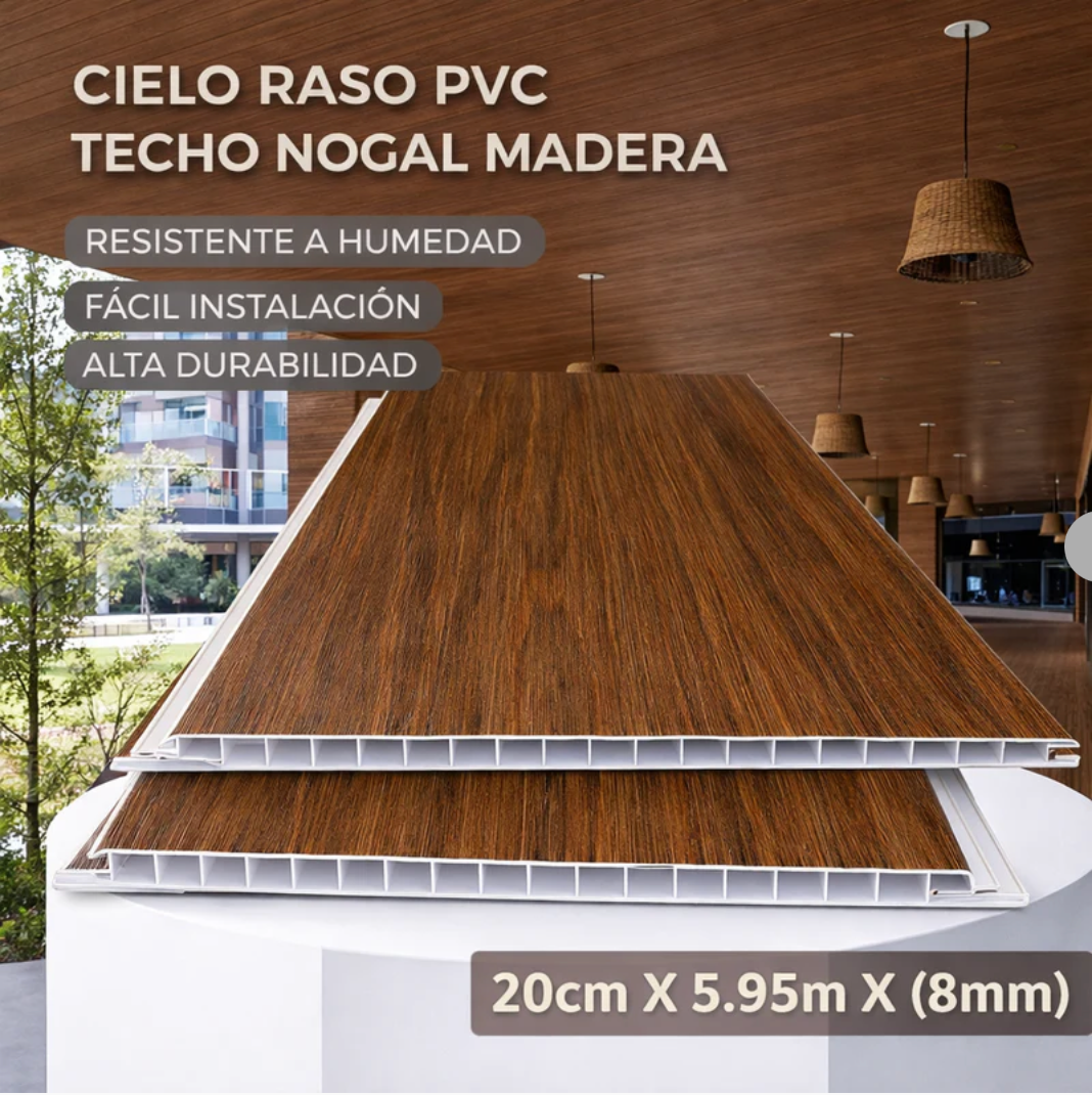 Cielo Raso PVC Techo Nogal Madera Panel 20Cm X 8Mm X 5.95M Resistente A Humedad Fácil Instalación Alta Durabilidad